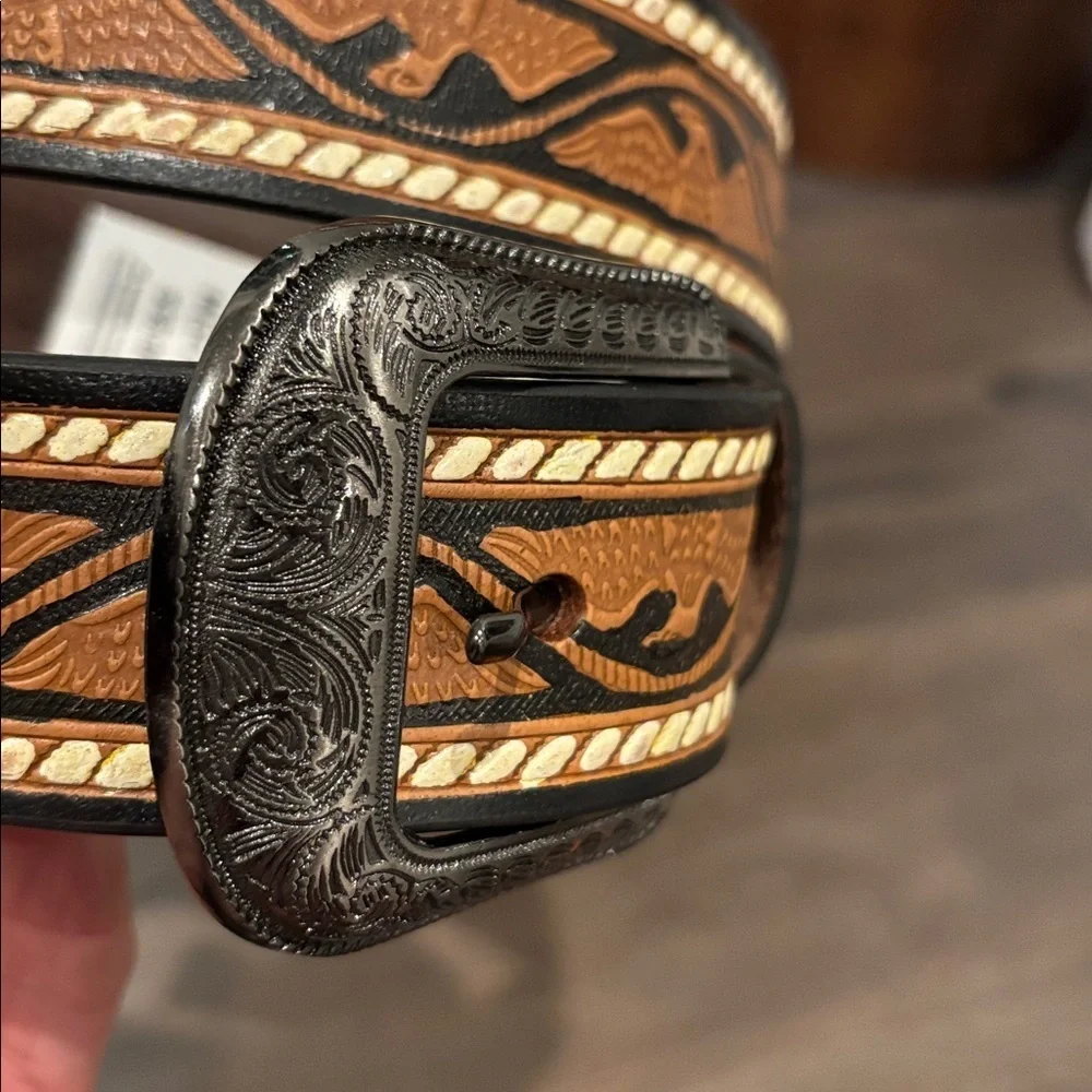 Montauk Genuine Leather Tooled Western Rodeo,filigree buckle,single stitch edge